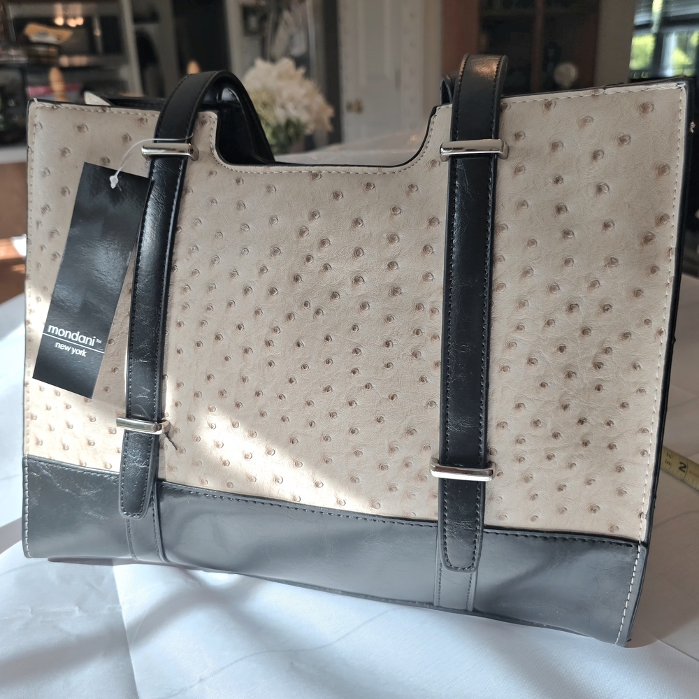 Mondani Faux Ostrich Bag Black and Creme NWT